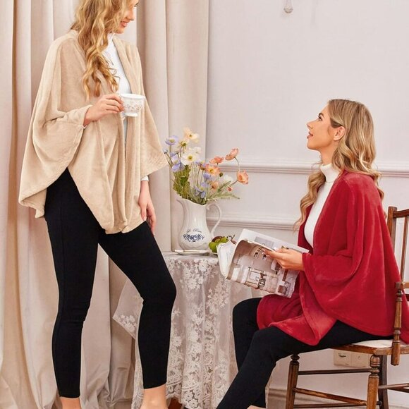 Flannel Faux Poncho for Women Lightweigh Blanket Warm TV Shawl Winter Coat Sweat - Picture 7 of 9